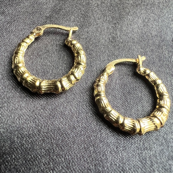14K Yellow Gold Bamboo Hoop Earrings - Picture 2 of 7